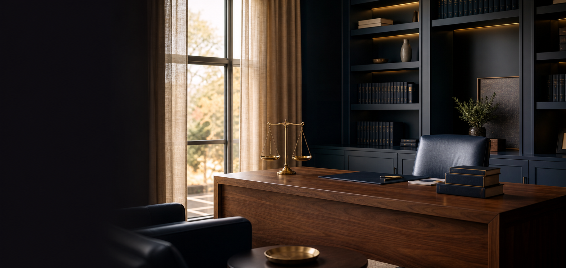A refined contemporary legal office with navy shelving, a walnut desk and brass scales of justice